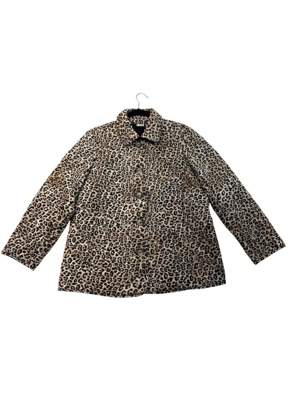Chicos Quilted Leopard Animal Print Jacket Size 12/14 (2) Lightweight Pockets